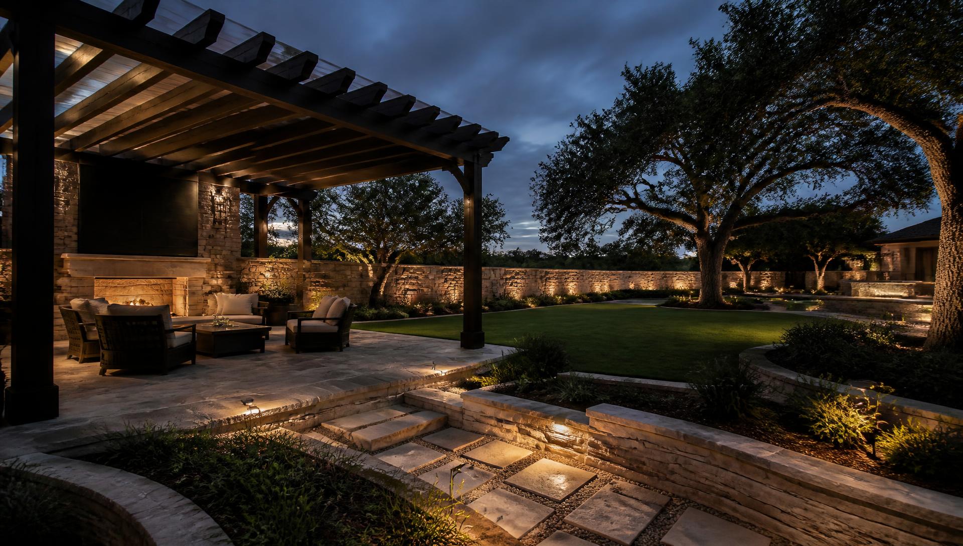 Premium Texas outdoor living space at dusk with stone patio and warm lighting